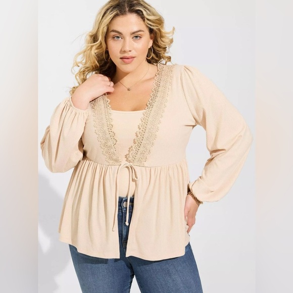 Torrid Smoke Super Soft Rib V-Neck Lace Trim Tie Front Long Sleeve Top Size M 00 - Picture 1 of 9